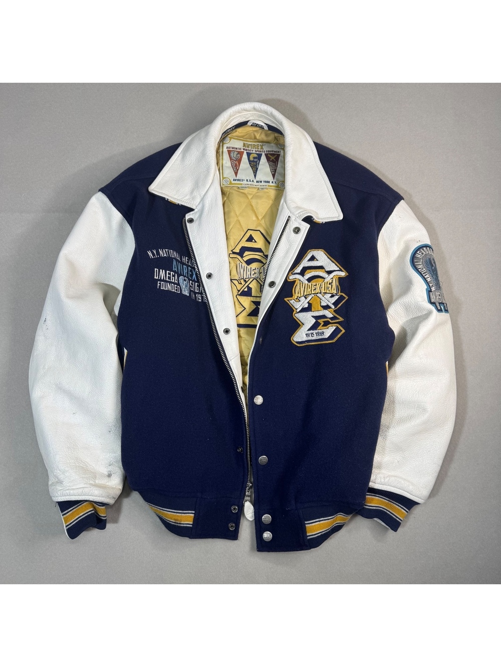 Vintage Avirex USA Alpha Chi Sigma Varsity Jacket Men's XL Navy White Wool